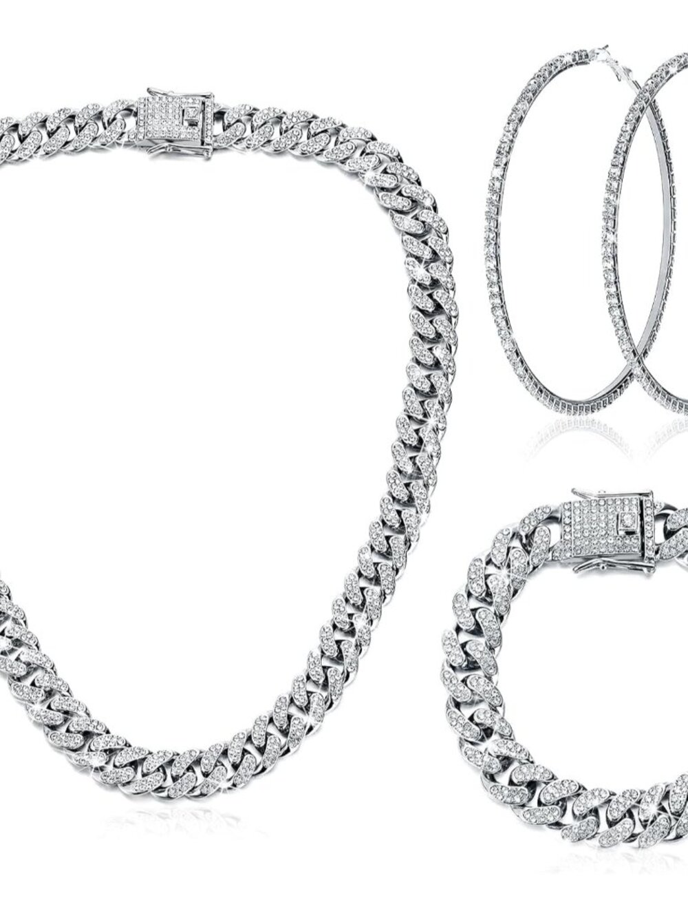 3 Pcs Cuban Link Chain Necklace Bracelet Rhinestone Hoop Earrings Bling Crystal